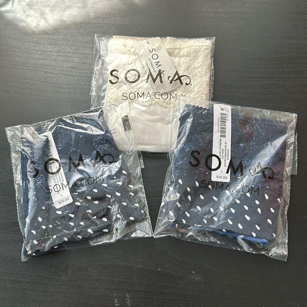 SOMA 3 pair panty- microfiber high leg  navy and white with lace color-L